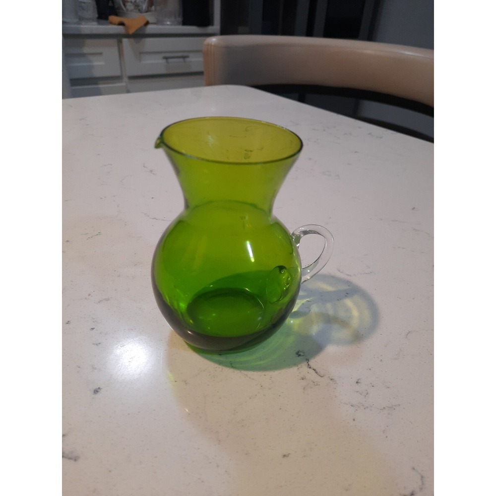 Hand Blown Bright Green Glass Miniature Pitcher Applied Clear Handle Decorative - Picture 1 of 5